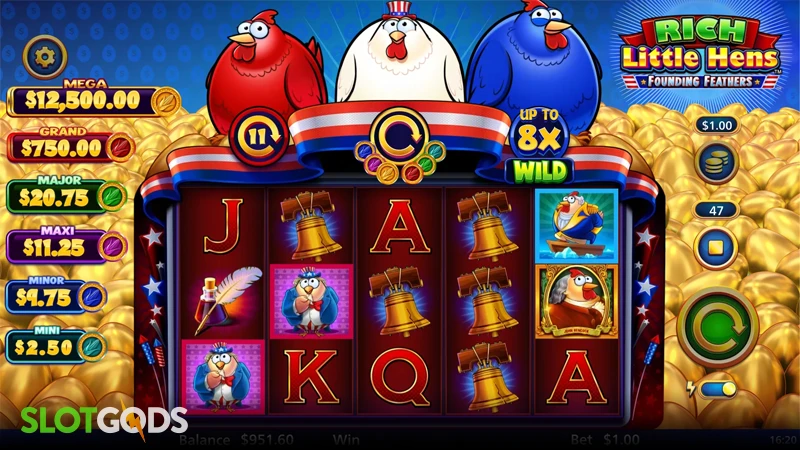 A screenshot of Rich Little Hens Founding Feathers slot gameplay