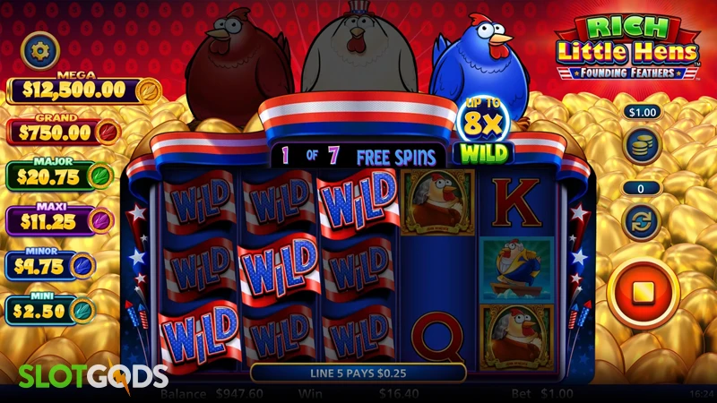 A screenshot of Rich Little Hens Founding Feathers slot bonus round gameplay