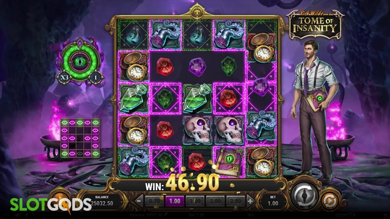 A screenshot of Tome of Insanity slot feature gameplay