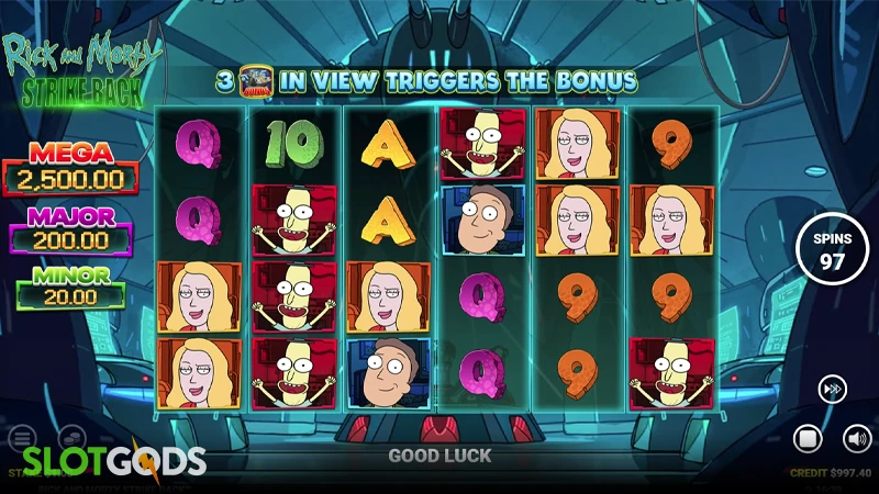 A screenshot of Rick and Morty Strike Back slot gameplay