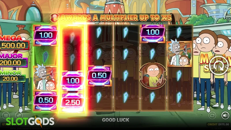 A screenshot of Rick and Morty Strike Back slot feature gameplay