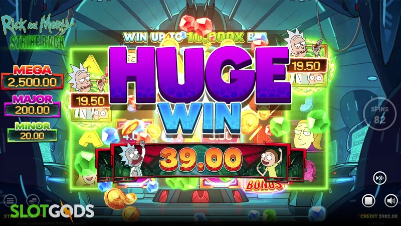 A screenshot of a big win in Rick and Morty Strike Back slot