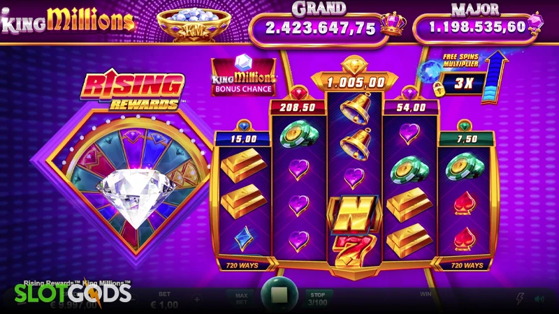 A screenshot of Rising Rewards King Millions slot gameplay