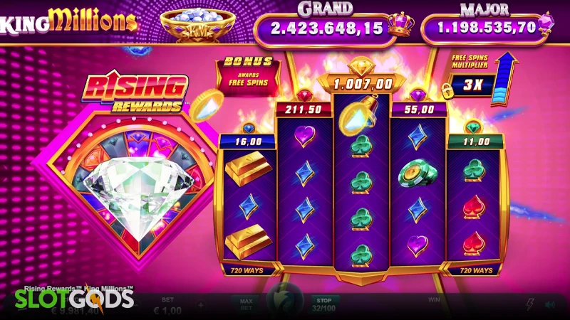 A screenshot of Rising Rewards King Millions slot feature gameplay