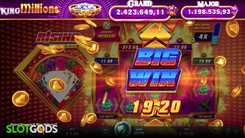 A screenshot of a big win on Rising Rewards King Millions