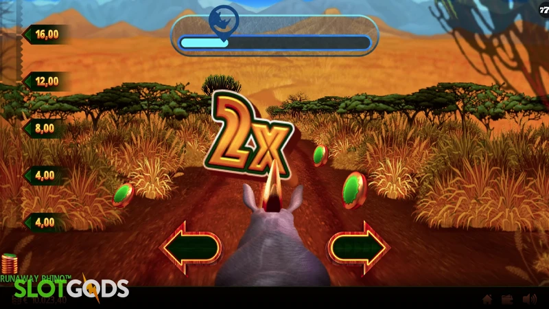 A screenshot of Runaway Rhino slot bonus feature gameplay