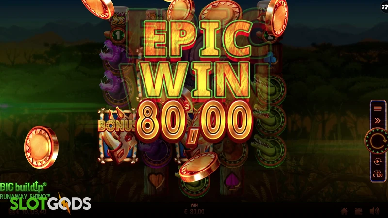 A screenshot of an epic win in Runaway Rhino slot