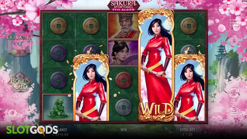 A screenshot of Sakura Fortune Epic Bloom slot gameplay