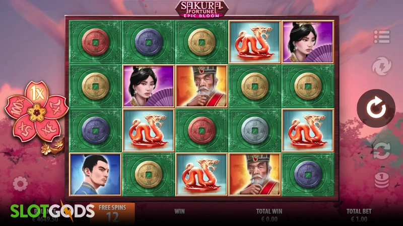 A screenshot of Sakura Fortune Epic Bloom slot free spins gameplay