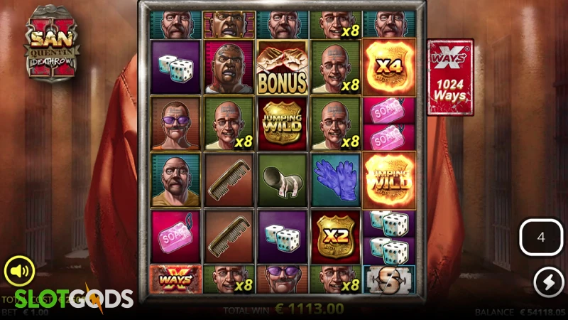 A screenshot of San Quentin 2 Death Row slot feature gameplay