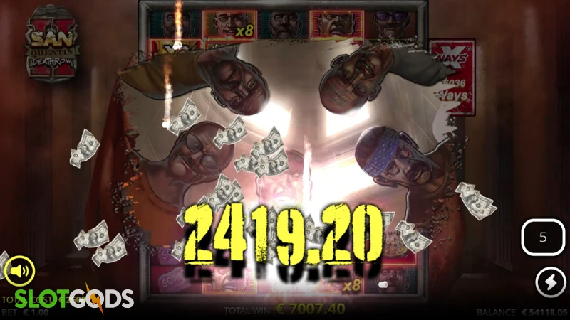 A screenshot of a huge win in San Quentin 2 Death Row slot