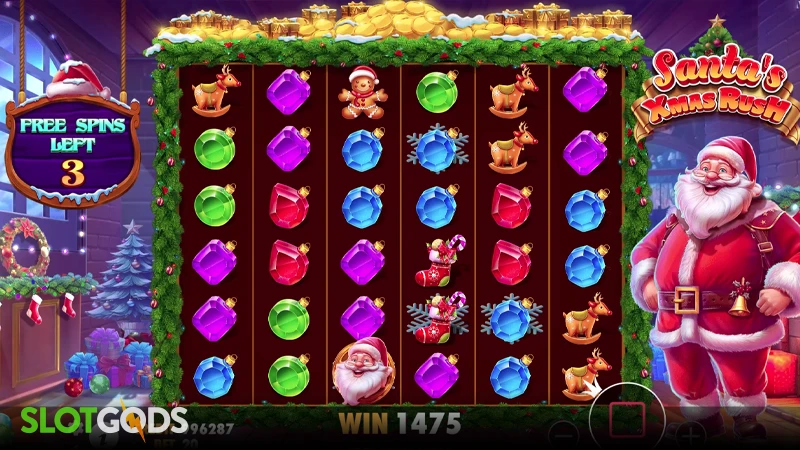 A screenshot of Santa's Xmas Rush slot feature gameplay