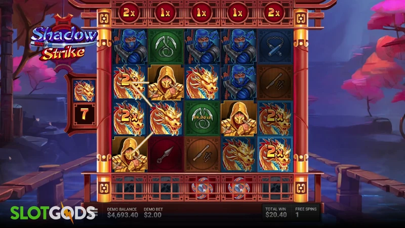A screenshot of Shadow Strike slot by Hacksaw Gaming bonus round gameplay