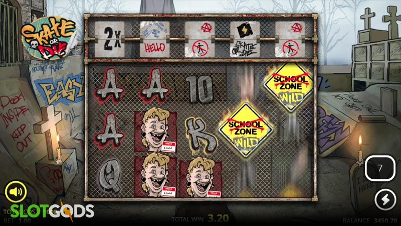 A screenshot of Skate or Die slot bonus gameplay