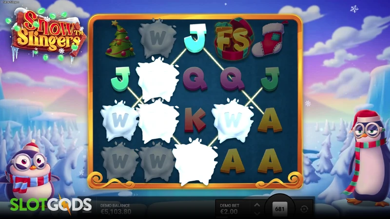 A screenshot of Snow Slingers slot gameplay