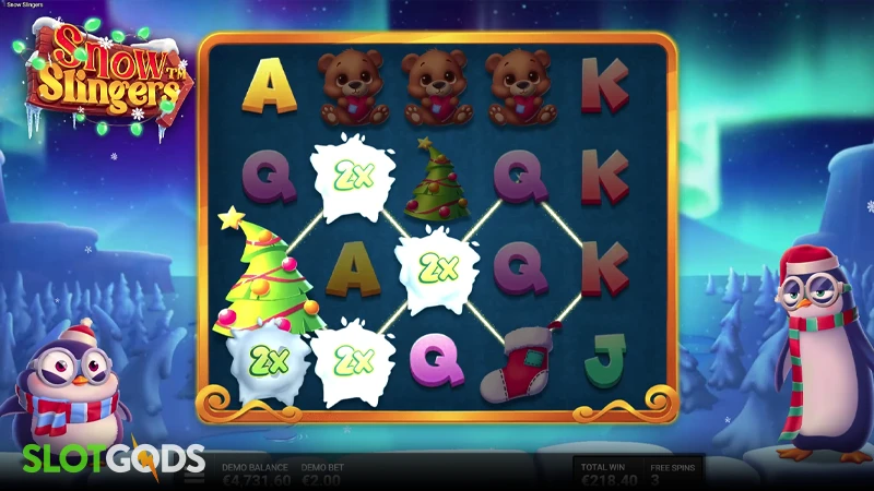 A screenshot of Snow Slingers slot free spins gameplay