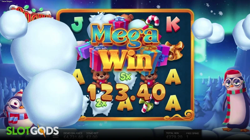 A screenshot of a big win in Snow Slingers slot