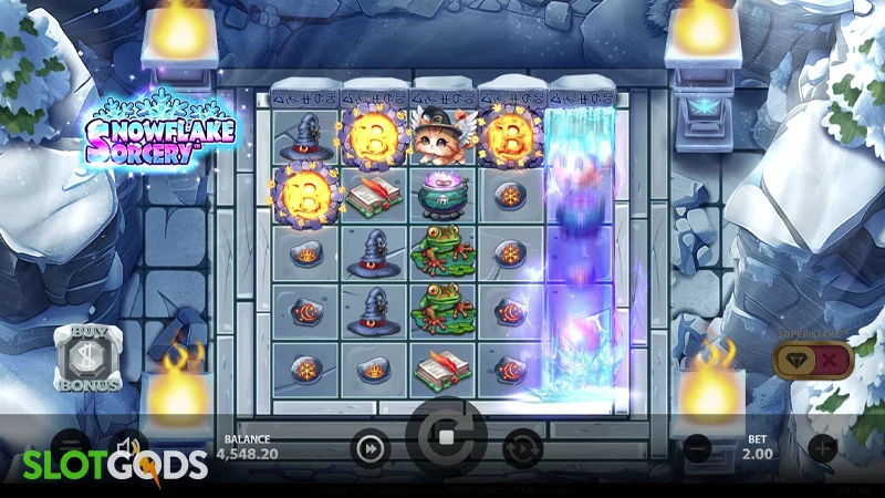 A screenshot of Snowflake Sorcery slot gameplay