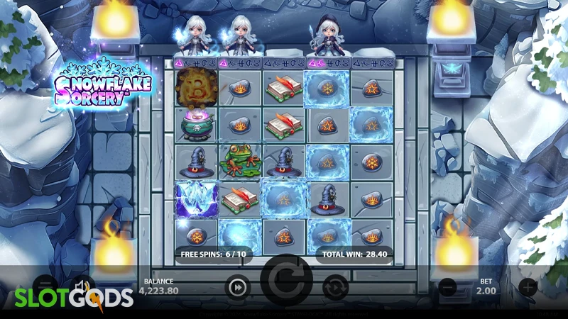 A screenshot of Snowflake Sorcery slot feature gameplay