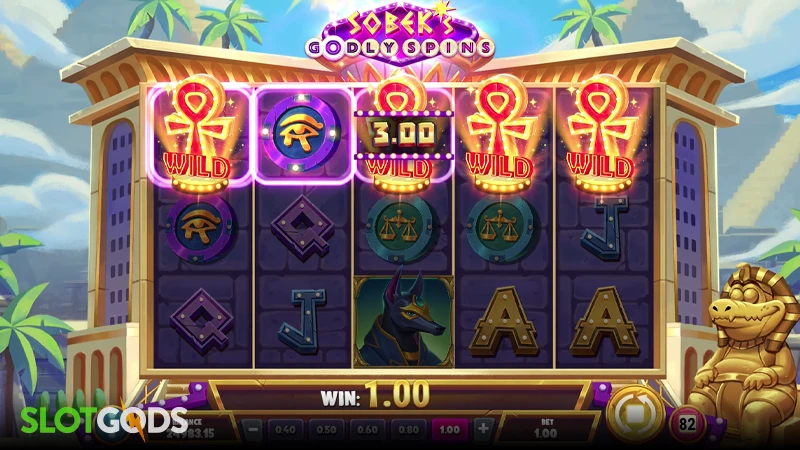 A screenshot of Sobek's Godly Spins slot gameplay