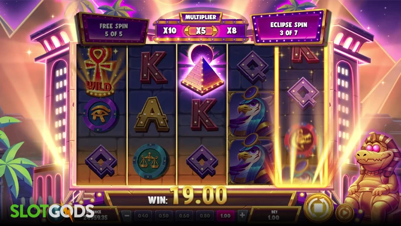 A screenshot of Sobek's Godly Spins slot free spins gameplay