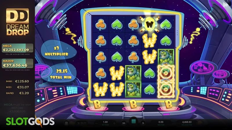 A screenshot of Space Attacks Dream Drop slot feature gameplay