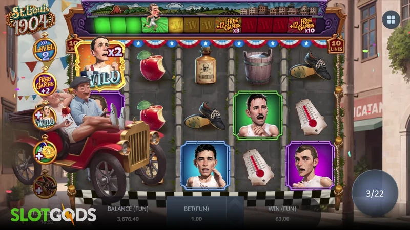 A screenshot of St Louis 1904 slot feature gameplay