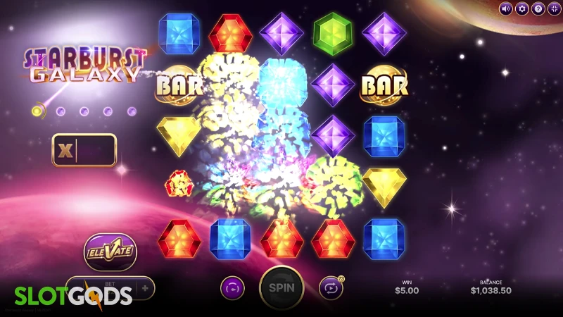 A screenshot of Starburst Galaxy slot gameplay