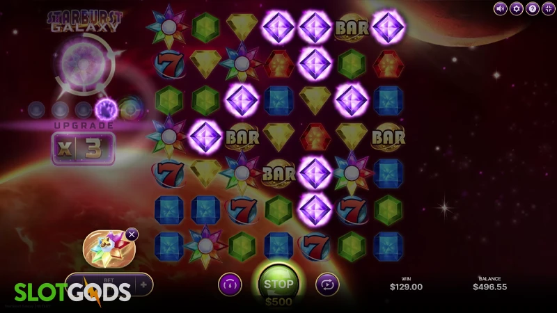 A screenshot of Starburst Galaxy slot free spins gameplay