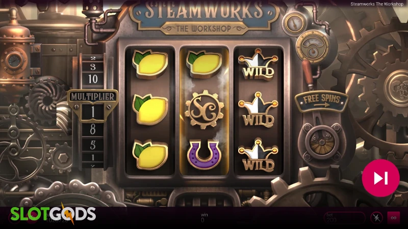 A screenshot of Steamworks slot gameplay