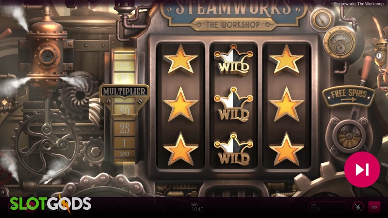 A screenshot of Steamworks slot feature gameplay