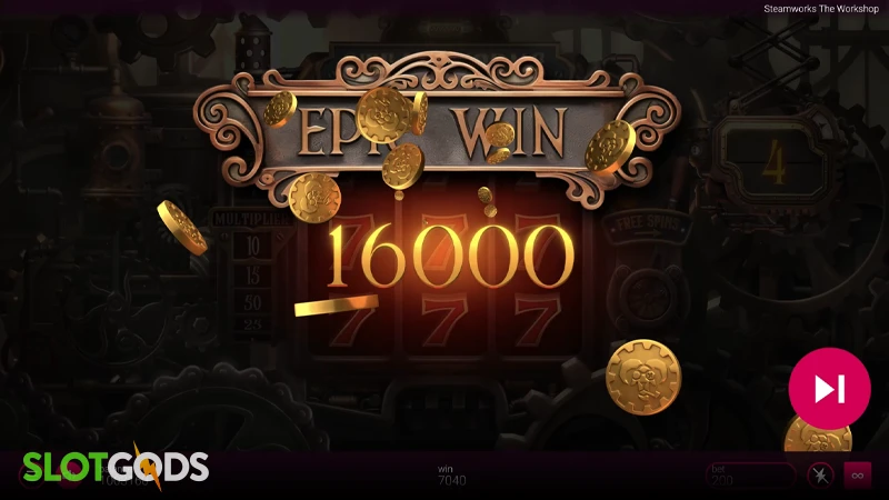 A screenshot of an epic win in Steamworks slot