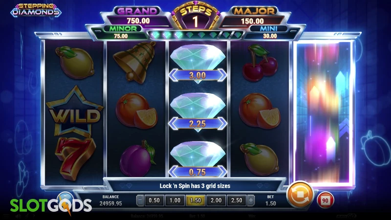 A screenshot of Stepping Diamonds slot gameplay