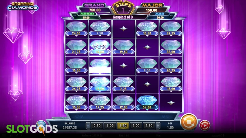 A screenshot of Stepping Diamonds slot respins gameplay