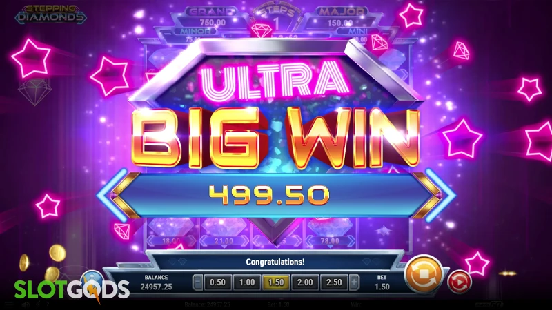 A screenshot of a big win in Stepping Diamonds slot