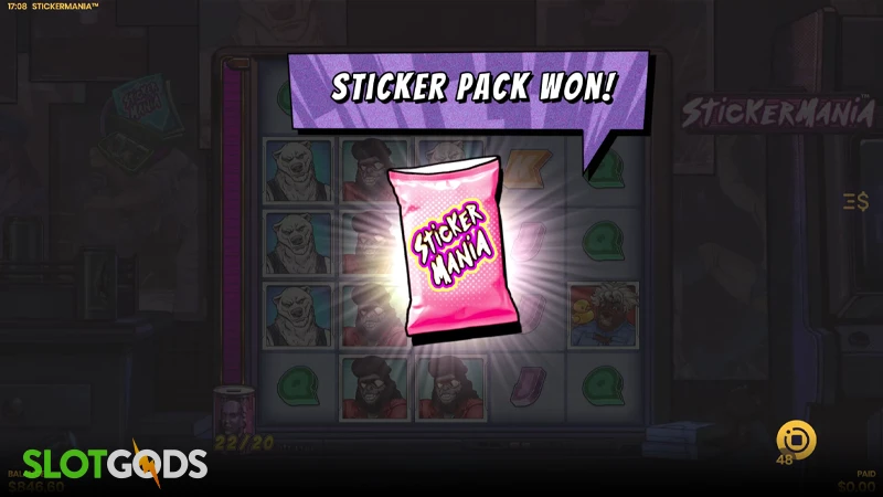 A screenshot of Stickermania slot sticker feature gameplay