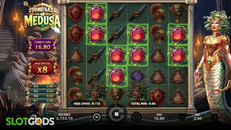 A screenshot of Stone Gaze of Medusa slot bonus round gameplay