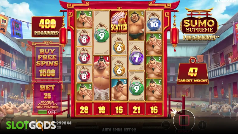 A screenshot of Sumo Supreme Megaways slot gameplay