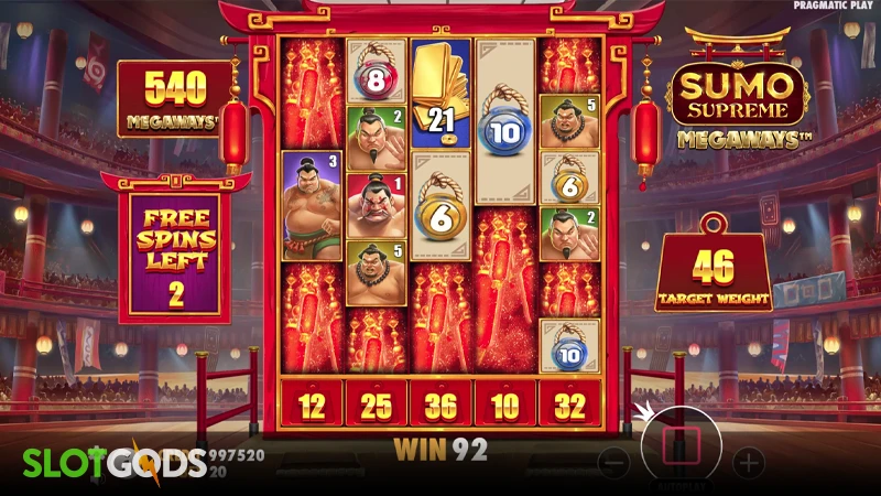 A screenshot of Sumo Supreme Megaways slot bonus gameplay