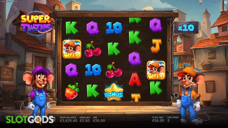 A screenshot of Super Twins slot feature gameplay