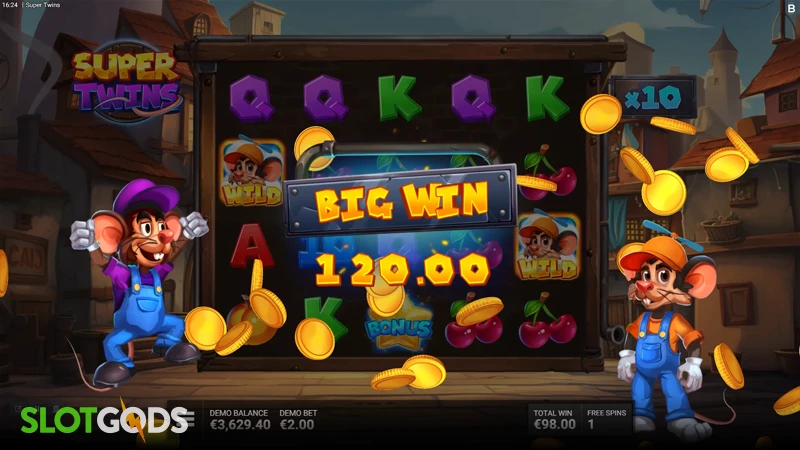 A screenshot of a big win in Super Twins slot