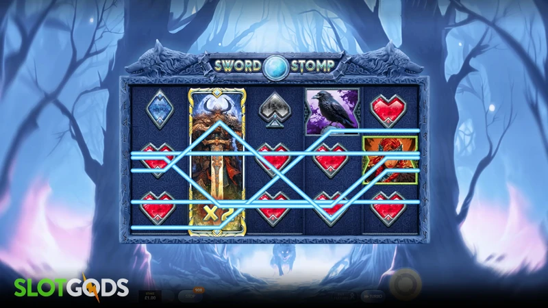 A screenshot of Sword Stomp slot gameplay