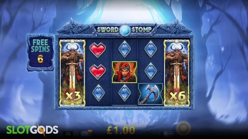 A screenshot of Sword Stomp slot bonus round gameplay