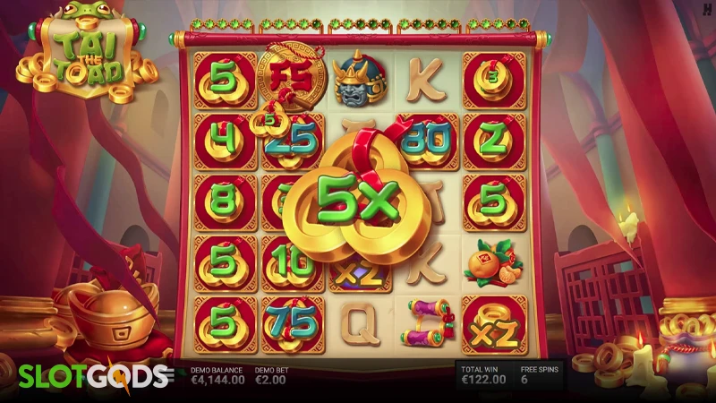 A screenshot of Tai the Toad slot feature gameplay