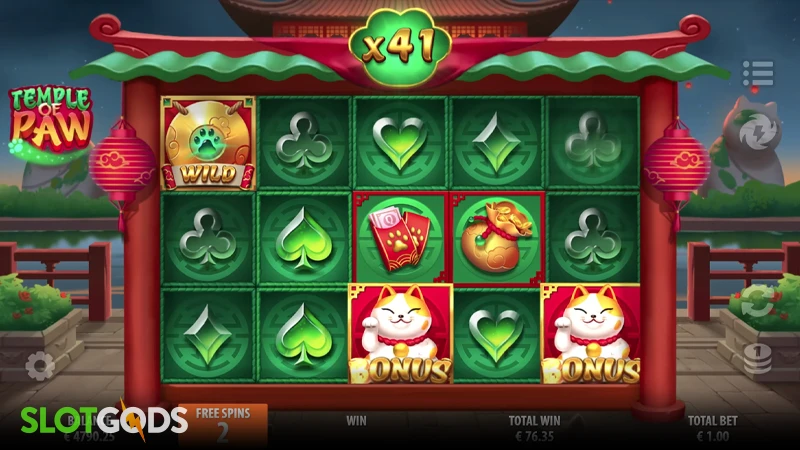 A screenshot of Temple of Paw slot free spins bonus round