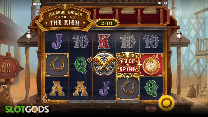 A screenshot of The Good, The Bad and The Rich slot gameplay