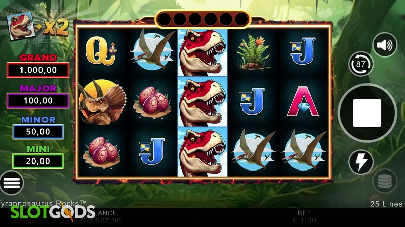 A screenshot of Tyrannosaurus Rocks slot gameplay