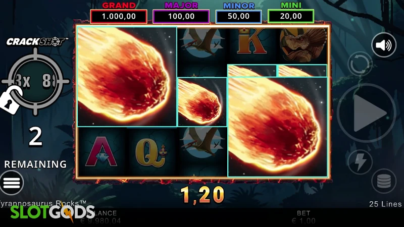 A screenshot of Tyrannosaurus Rocks slot big blocks feature