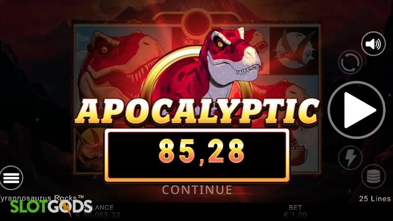 A screenshot of a big win in Tyrannosaurus Rocks slot