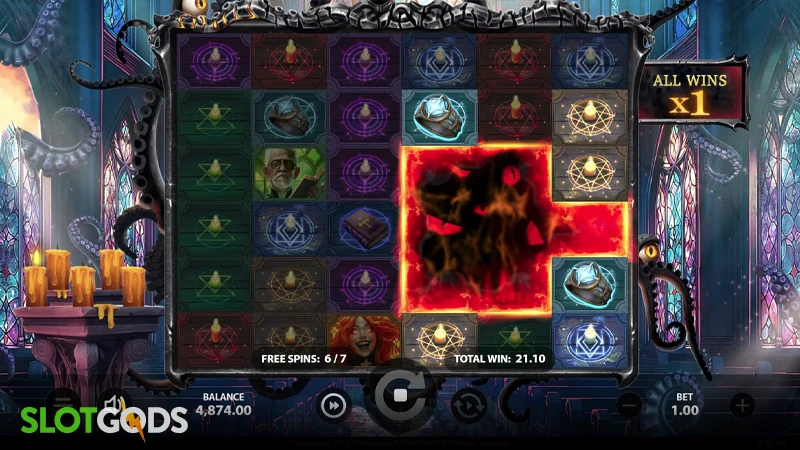 A screenshot of The Watcher slot free spins gameplay